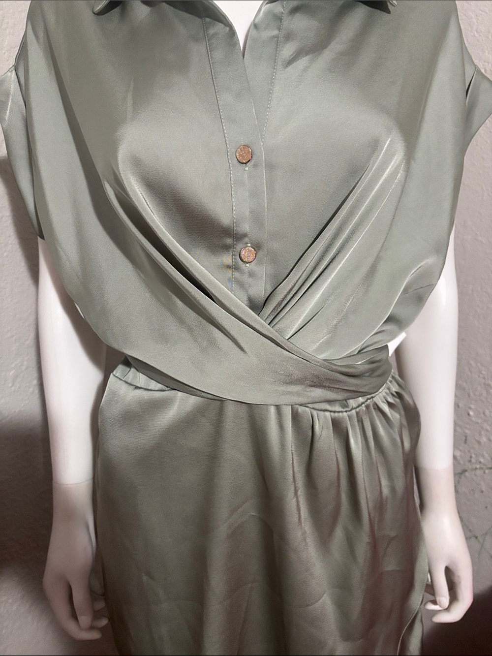 entro Satin Faux-Wrap Mini Dress in Sage - Picture 3 of 12
